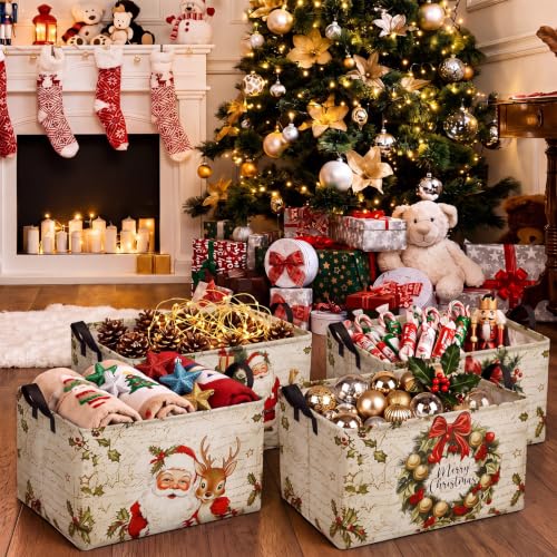 Image of Chunful 4 Pack Christmas Storage Baskets for Gifts Collapsible Christmas Santa Claus Reindeer Retro Farmhouse Laundry Storage Bins Foldable Box with Handles for Home Bedroom Office Clothes Containers