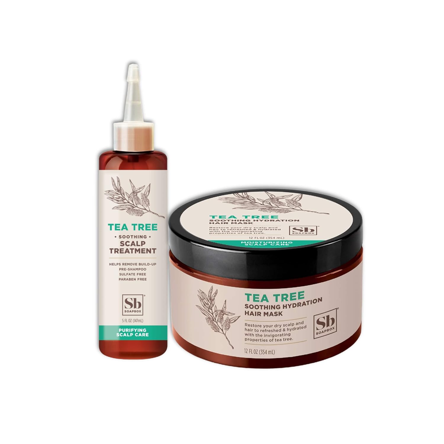 Soapbox Scalp Treatment & Hair Mask, Soothing Scalp Treatment 5oz + Moisturizing Hair Treatment 12oz with Tea Tree Oil, Set of 2 – Vegan, Cruelty, Paraben, Gluten & Harsh Sulfate Free