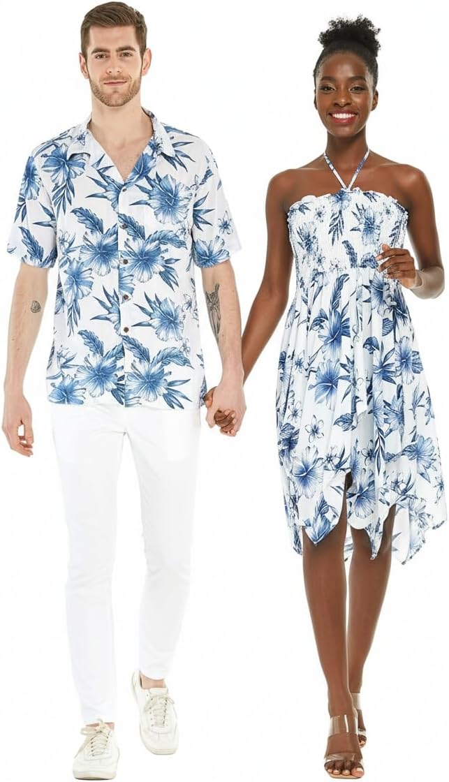 Matchable Couple Hawaiian Luau Shirt or Fairy Dress in Day Dream Bloom