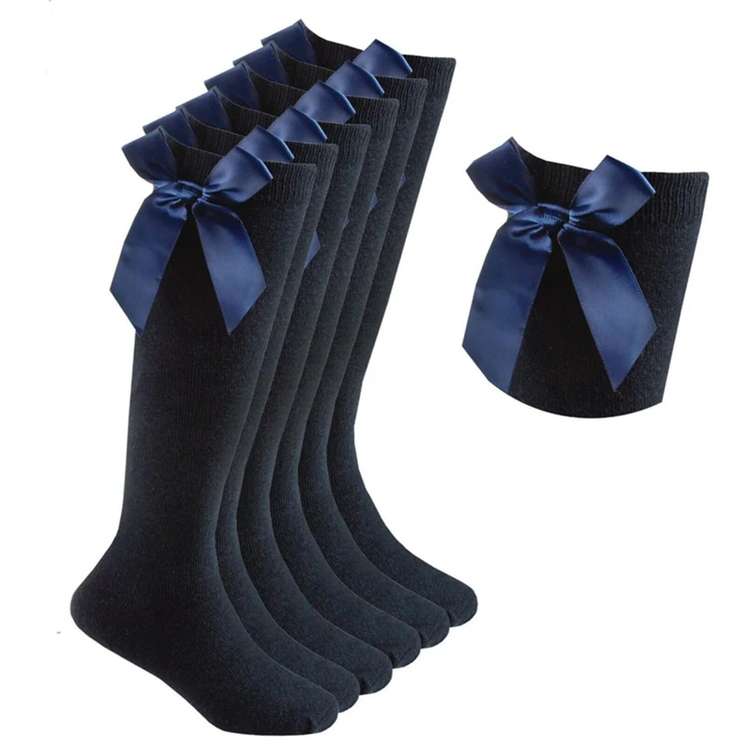 Hifen Girls Blue Hifen® 3 Pairs Knee High Socks With Fluffy Ribbons Bow, Back To School Uniform Party Wear Long Socks