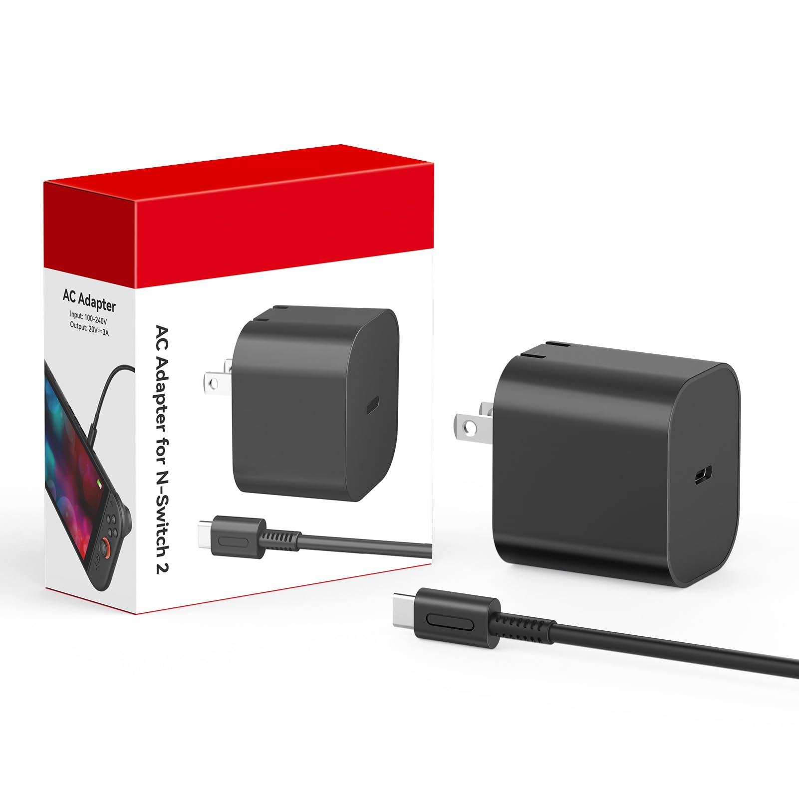 Charger for Nintendo Switch 2-20V 3A 60W AC Adapter Fast Charging with 5FT USB C Cable - Compatible with Switch/OLED/Lite/Steam Deck, Support 4K TV Mode, Foldable Plug - 2