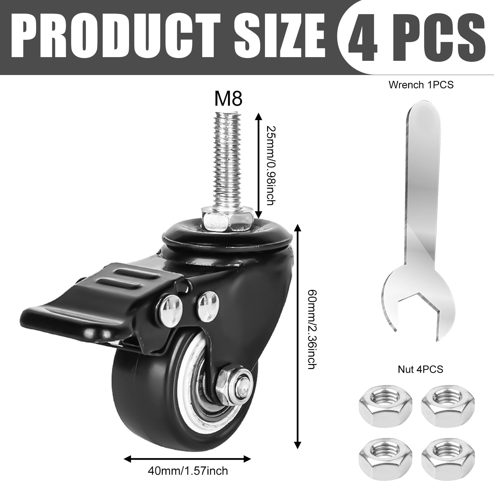 4 Rotelle per Mobili da 40 mm: Vite M8 x 25 mm, Fisse Con Freno, 35 kg, Rotazione a 360 Gradi, in Gomma per Interni ed Esterni