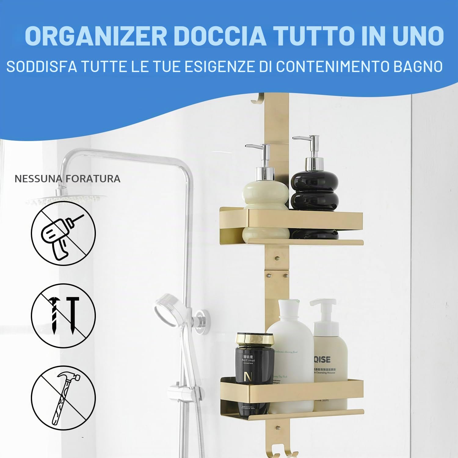 Mensola da Doccia SUS304 per Appendere Oro Mensola da Doccia Senza Foratura in Acciaio Inox per Shampoo e Gel Doccia