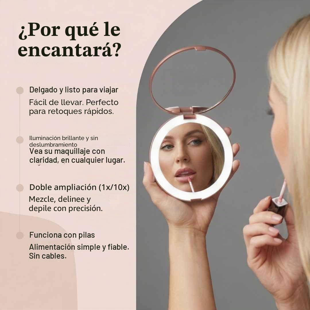 Fancii Espejo de Bolsillo con Luz LED Natural para Maquillaje, Aumento de 1X/10X - Espejo Iluminado Plegable Portátil para Viaje de 127 mm, Oro Rosa (Lumi)