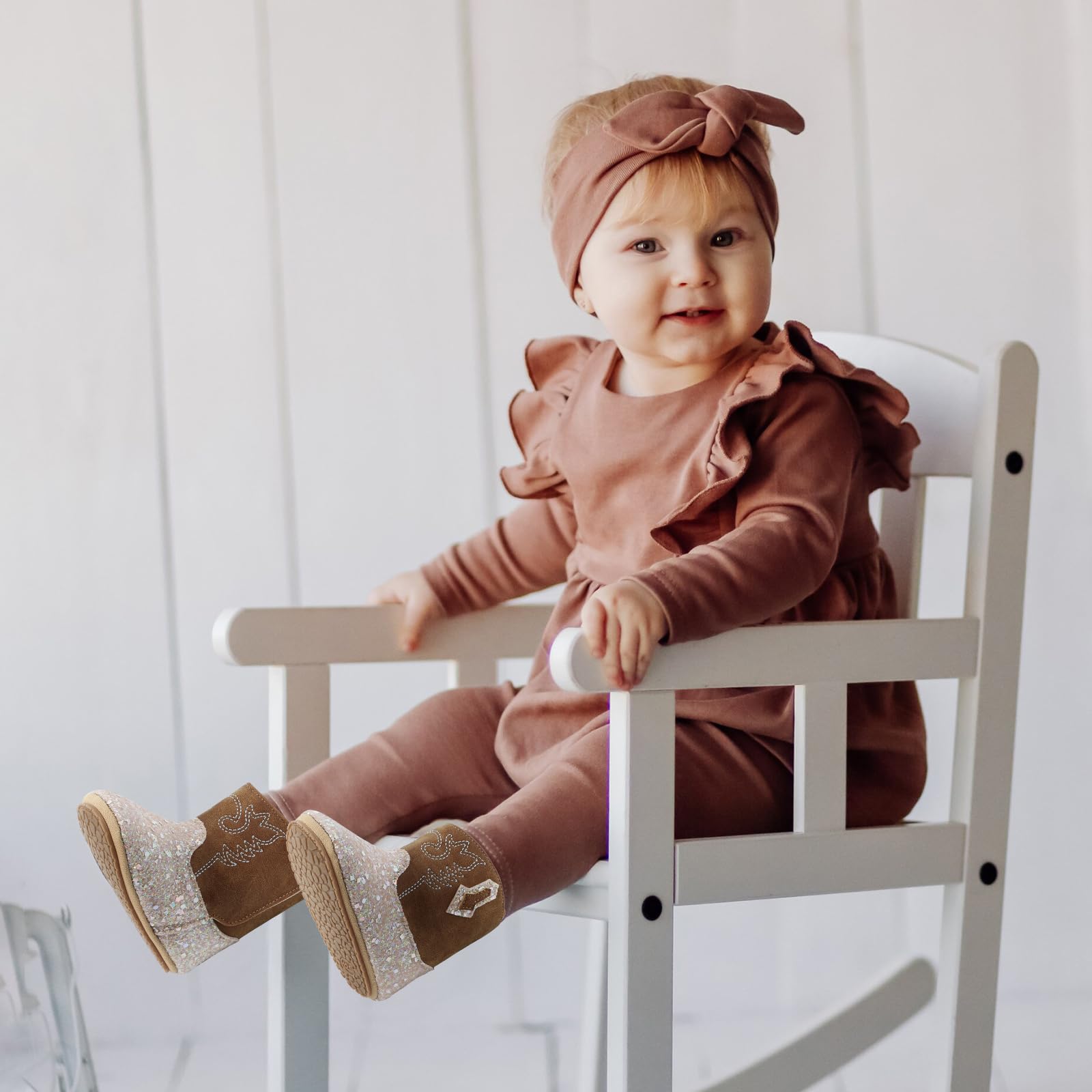LACOFIA Buty niemowlęce dla dziewczynek, buty do nauki chodzenia, Bling Bling Bootie, kowbojki, buty westernowe z antypoślizgową miękką podeszwą, dla dzieci w wieku 3-18 miesięcy