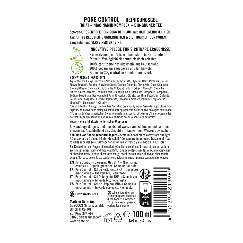 SANTE Naturkosmetik Żel oczyszczający Pore Control – 100 ml – z efektem BHA i niacynamidu – głębokie oczyszczanie porów ekologiczną zieloną herbatą – matujący i nawilżający – wegański i testowany