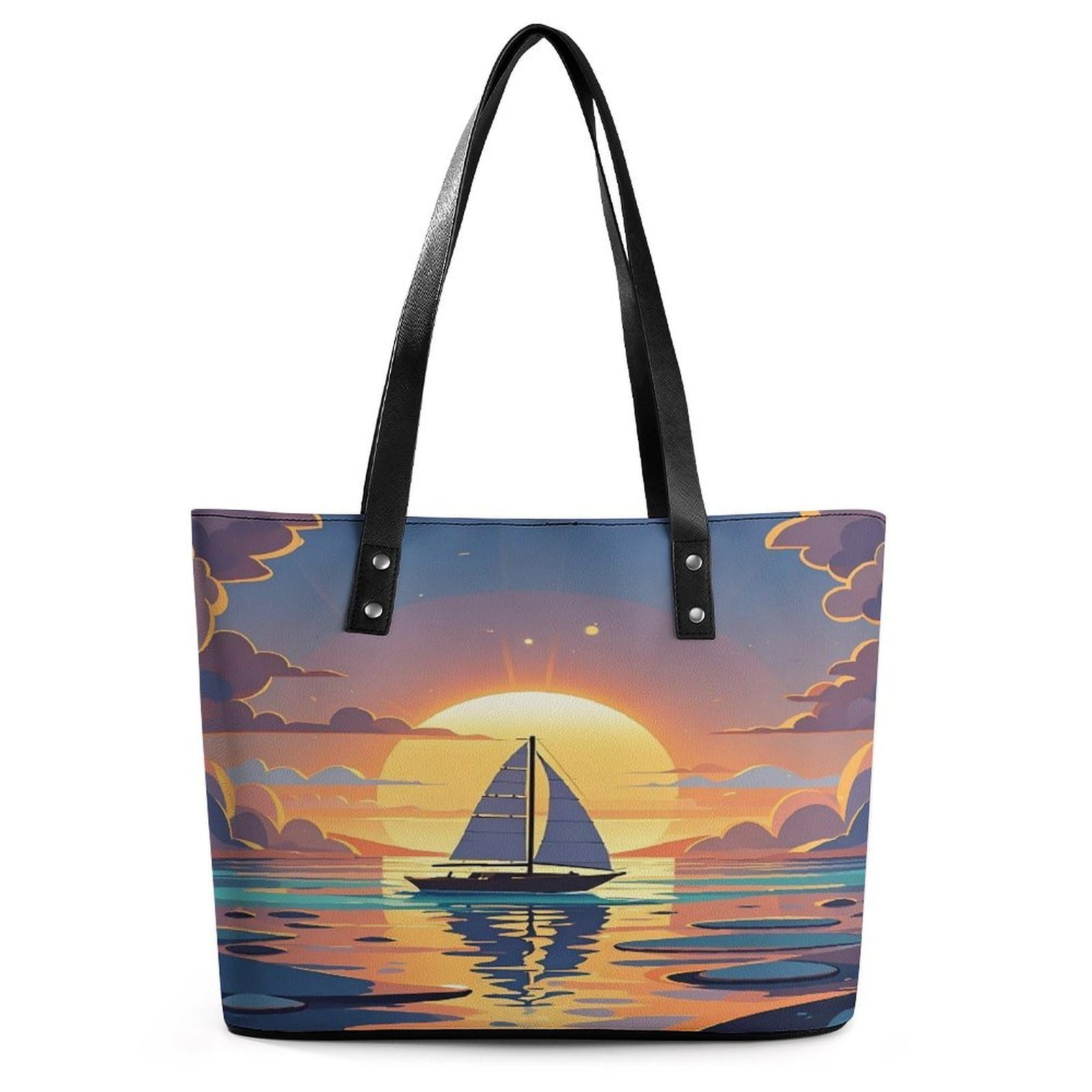 Sunset And Sailboat Handbag for Women Leather Tote Bag Exquisite Satchel Bags for Leather Ladies Handbag