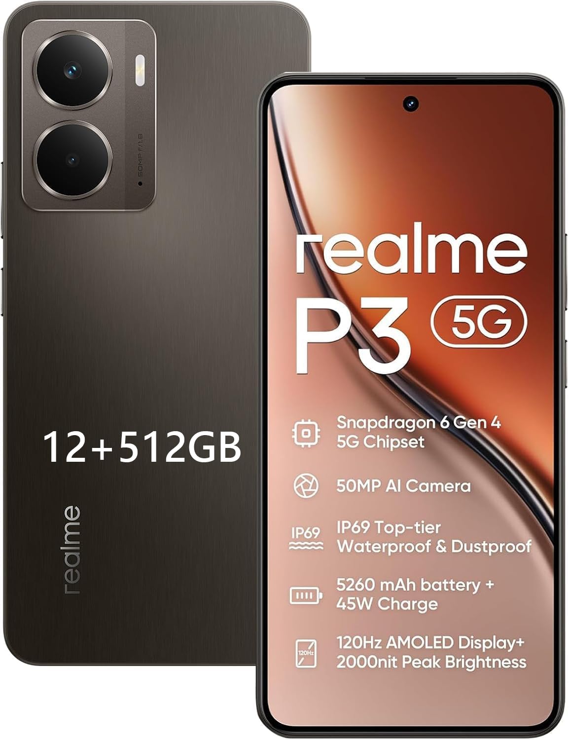 realme P3 5G Smartphone con chipset Snapdragon 6 Gen 4 5G, batteria da 5000mAh, caricatore rapido da 45W, fotocamera AI da 50MP, display AMOLED da 120Hz, IP69, 12+512GB - Nero