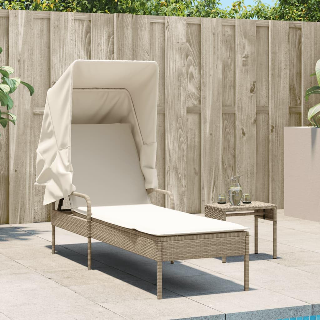 Rantry Lettino Prendisole con Baldacchino e Tavolino Beige Polyrattan,Arredo,Lettini Prendisole, Divano Letto Mobili, Lettino da Piscina, Lettino Prendisole da Giardino d