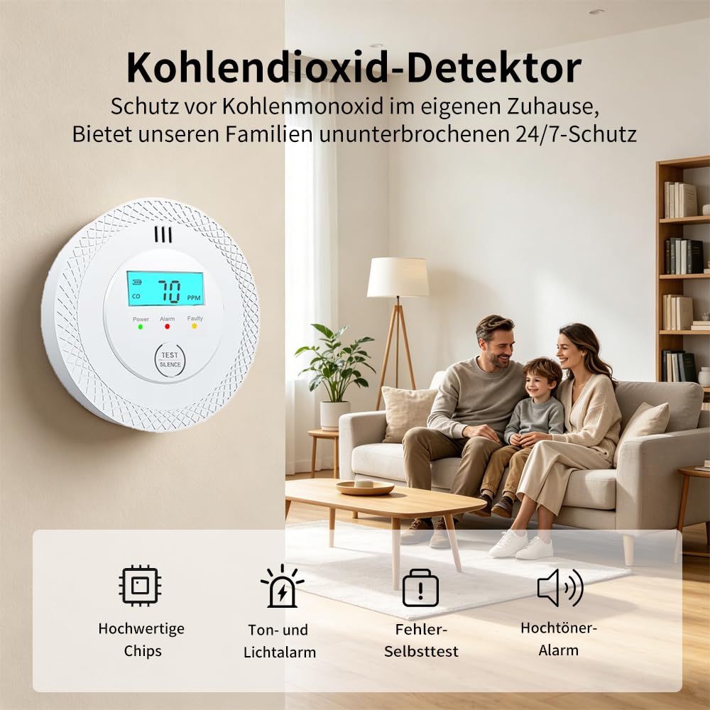 Detector de Monóxido de Carbono Blanco - 10 años de Vida útil de la batería, Alarma de CO, instalación fácil para autocaravanas, Casas y oficinas (4 Pack)