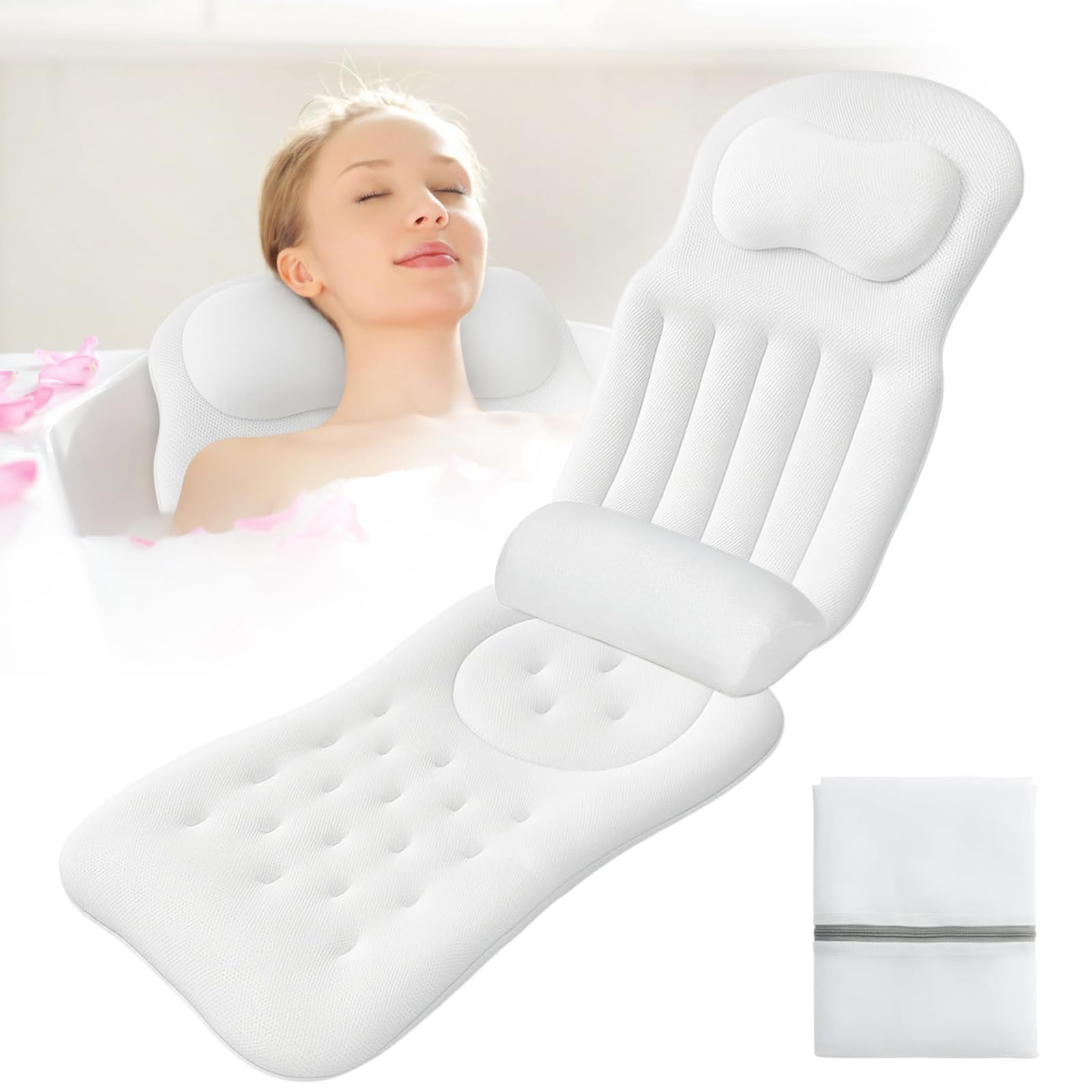 Ganzkörper Badewannenkissen für die Badewanne, Sprudelmatte Badewanne mit Kopfstütze und Lendenwirbelstütze, Badesofa Badewannenkissen mit SaugnäPfen und Hängehaken(Weiß)