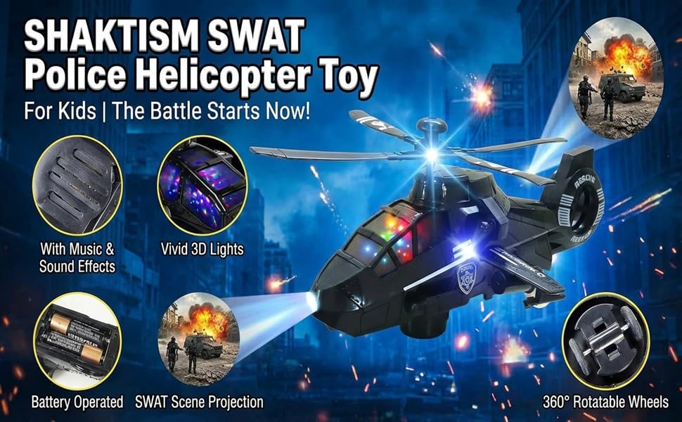Image of SHAKTISM SWAT Police Helicopter Toy with 3D Lights, Music, Projection Function, Black, Battery Operated, 360 Rotatable Wheels for Kids -1Pc - Random Colour