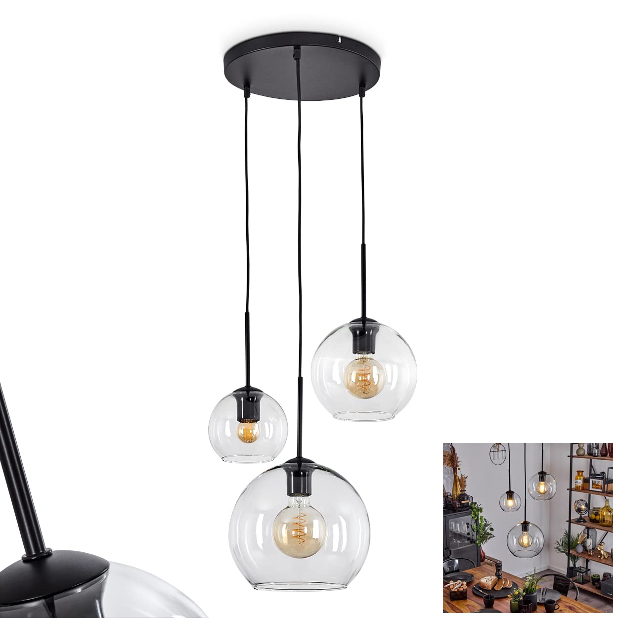 Lampada a sospensione Koyoto, lampada in metallo/vetro in nero/oro/chiaro, design retrò con paralumi in vetro (Ø15 cm; 20 cm; 25 cm), altezza massima 146,5 cm, 3 luci, 3 x E27, senza lampadina/e