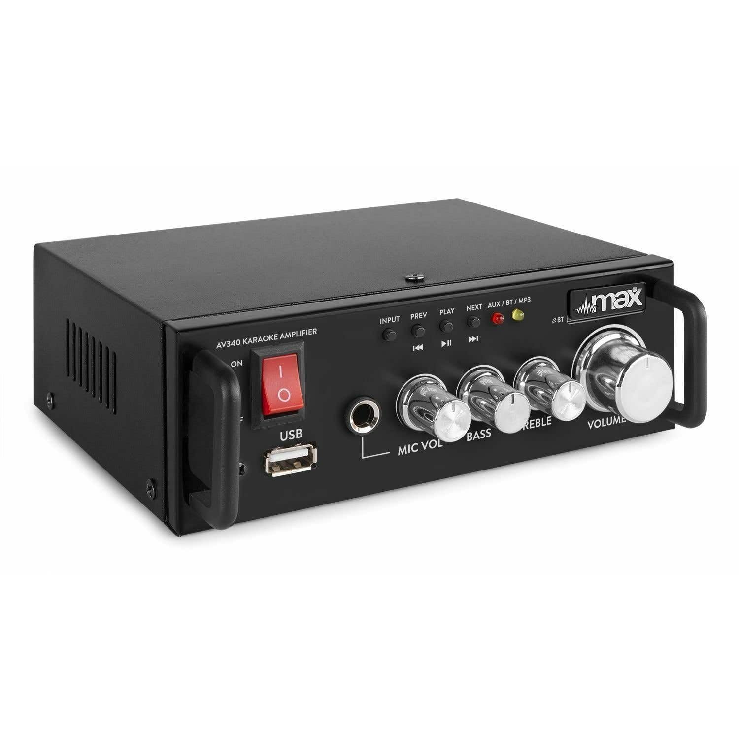 MAX AV340 - Amplificateur Numérique Karaoké avec Bluetooth, Puissance de 2X 50W, Lecteur MP3 Intégré, Entrée Microphone, Idéal pour Vos Soirées Karaoké