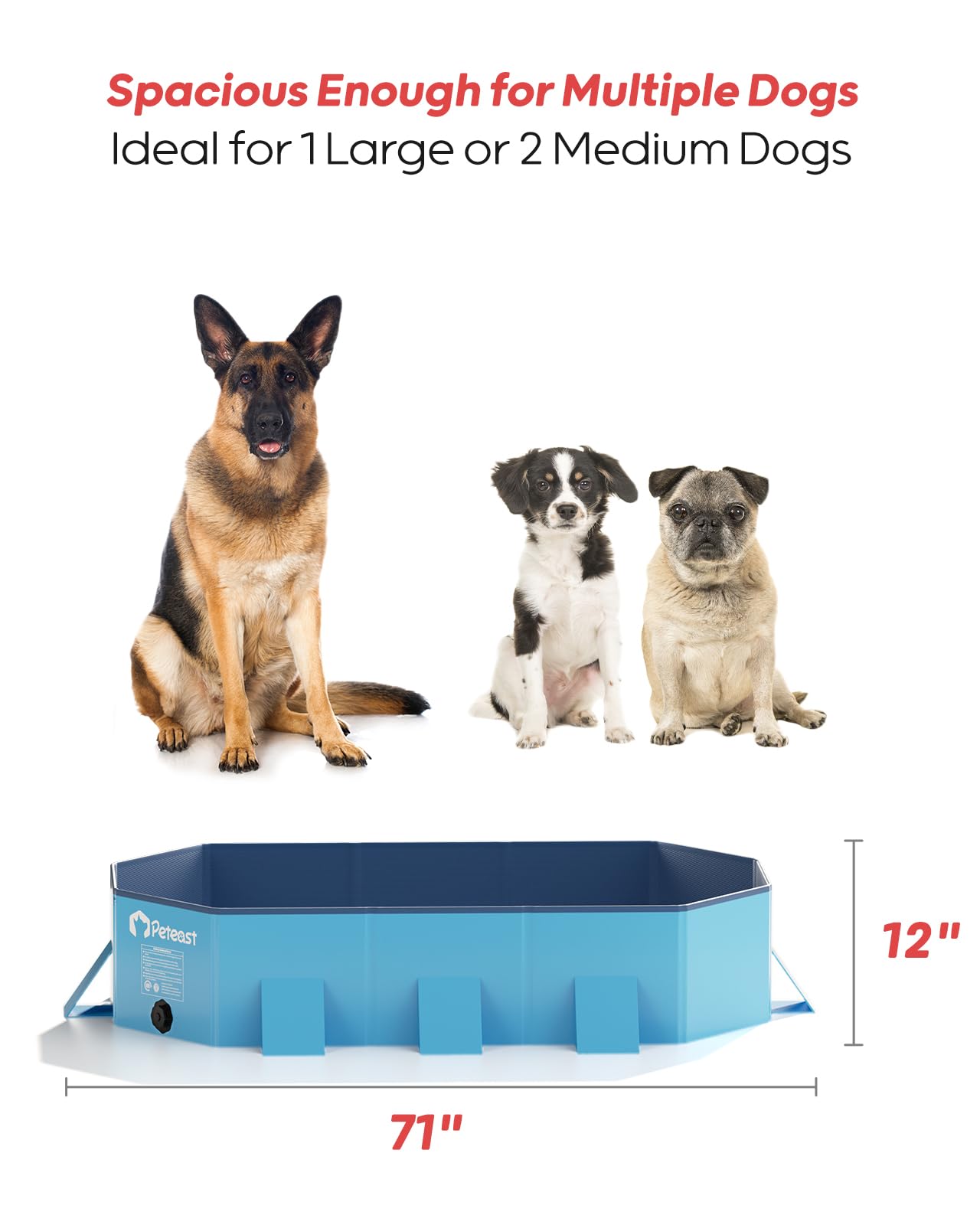 Peteast Piscina plegable para perros con diseño redondo robusto, bañera portátil extra grande duradera para mascotas de 180 cm de largo x 99 cm de ancho x 30 cm de profundidad con paredes laterales