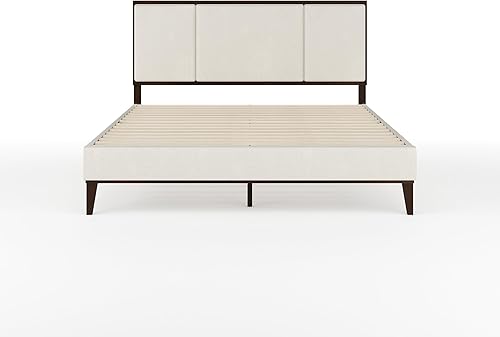 Miniatura 9 de Martha Stewart Jett - Cama de plataforma con cabecero, cabecera y base tapizada de tela, marco de madera maciza, no necesita somier, tamaño Queen,