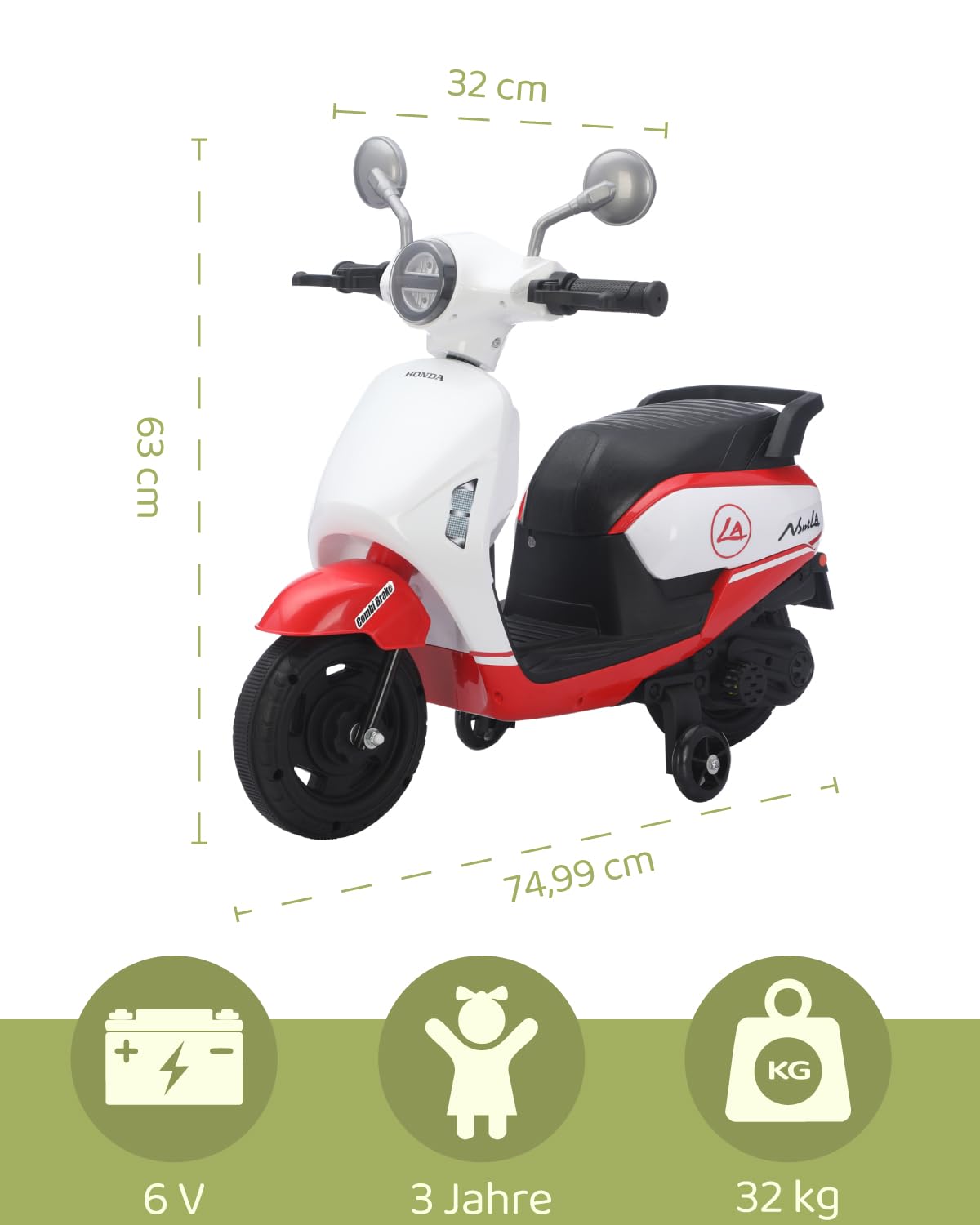 TCARAIWEN Kinder Motorrad Elektrisch, 6V Kindermotorrad für 1-3 Jahre, Elektro Moped für Kinder mit Stützrädern, 3 km/h Sicherer Mini Roller, Musik & Scheinwerfer (Rot)