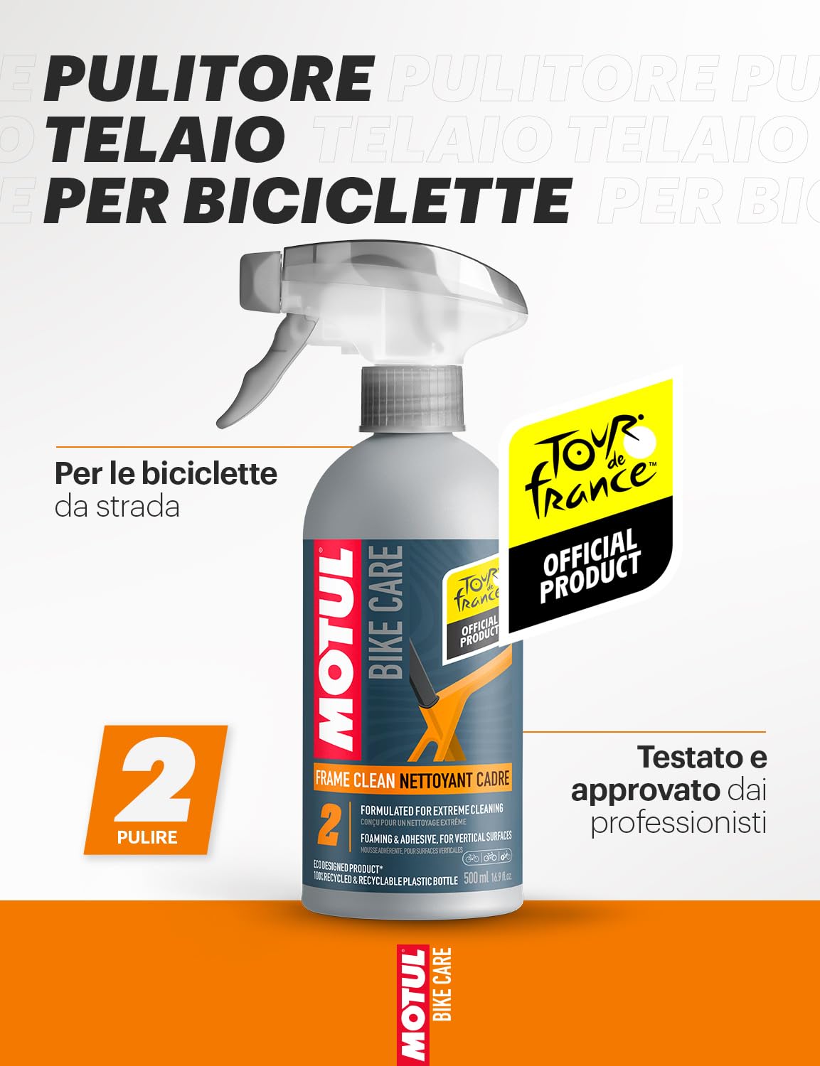 Motul - Spray per la Pulizia del Telaio della Bicicletta - Schiuma Adesiva Ideale per Superfici Verticali - Compatibile con Materiali Delicati - Senza COV - Bike Care Frame Clean Road - 500 ml