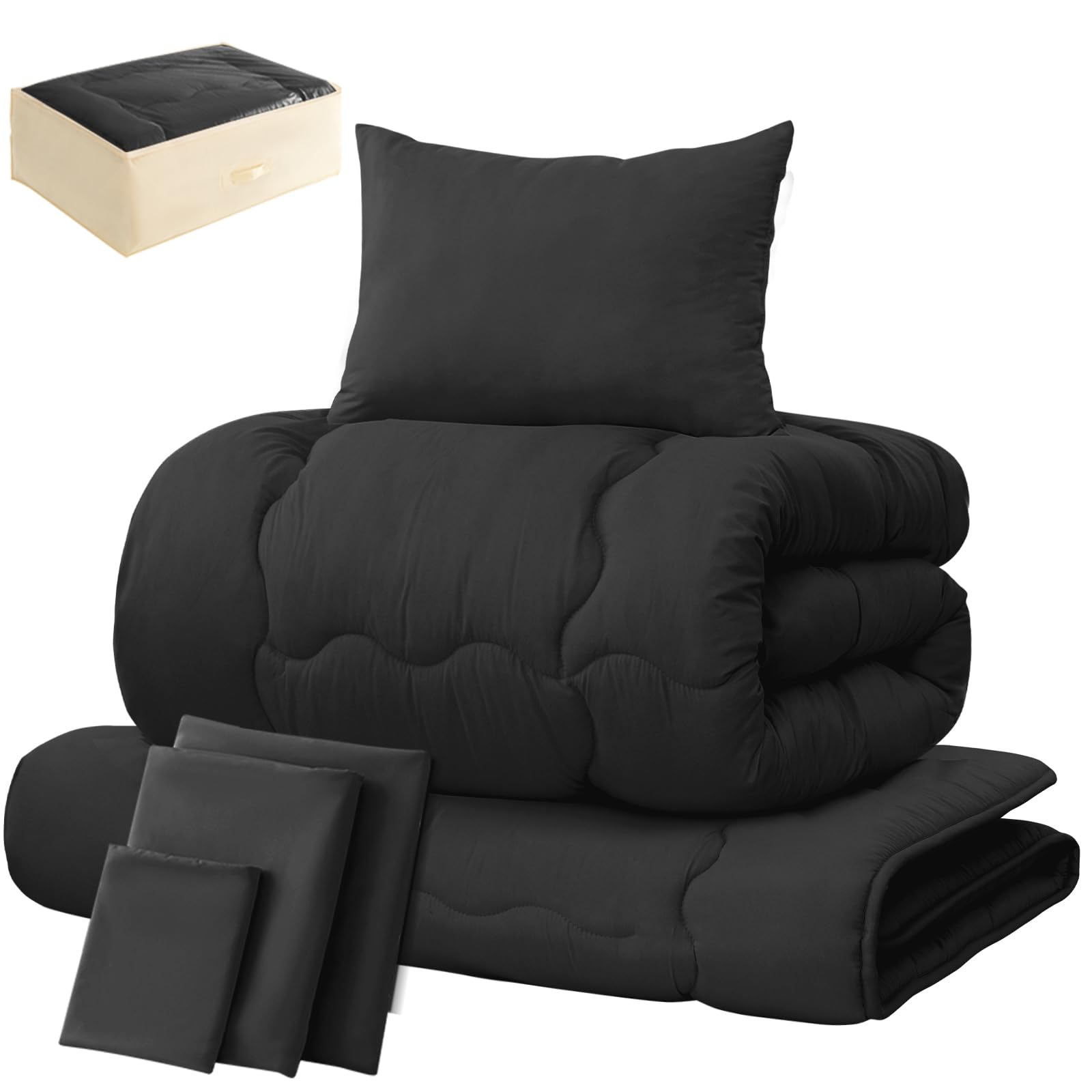 fuwawa Single Comforter Set, 7-Piece Set, Antibacterial, Deodorizing, Washable, Comforter Set, Storage Case, Solid Cotton Triple Layer Mattress, Comforter, Pillow, Includes Covers, Soft Texture,