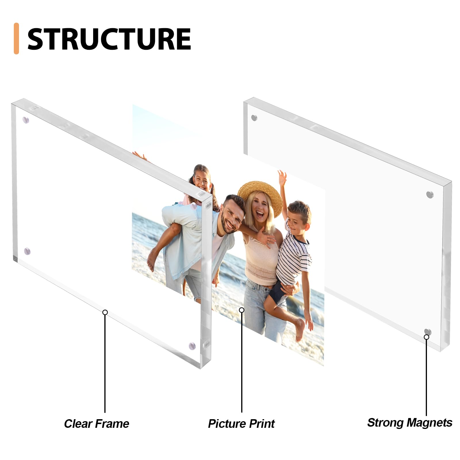 Fixwal Lot de 3 cadres photo 10 x 15 cm en acrylique transparent double face avec bureau magnétique