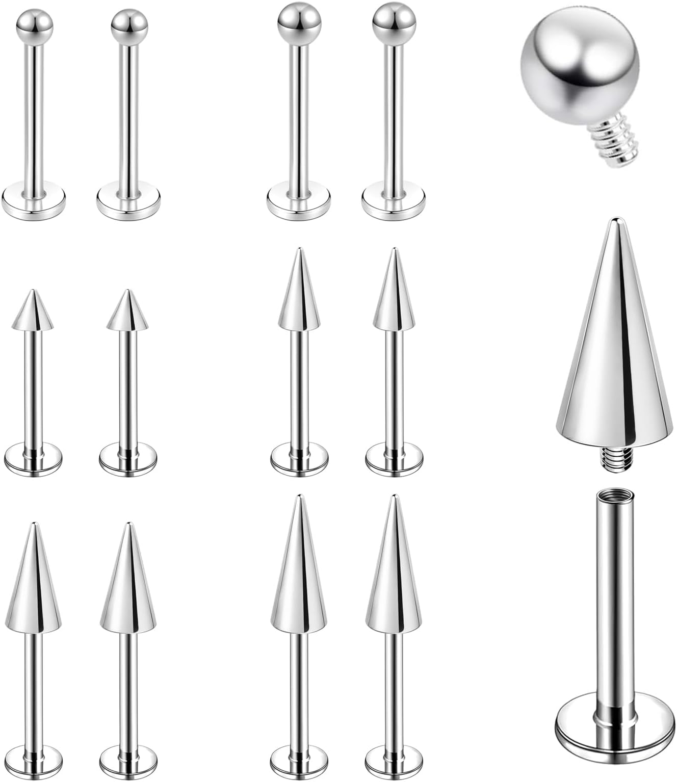 BodyAce Spike Flat Back Earrings Lip Bars, 16G 18G Spike Helix Tragus Studs Cartilage Earrings, Internal Threaded Labret Ring Lip Piercing Ear Jewellery
