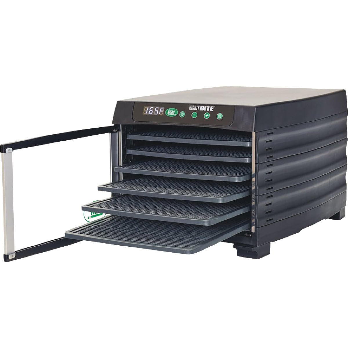 LEM Food Dehydrator with door open and trays pulled out