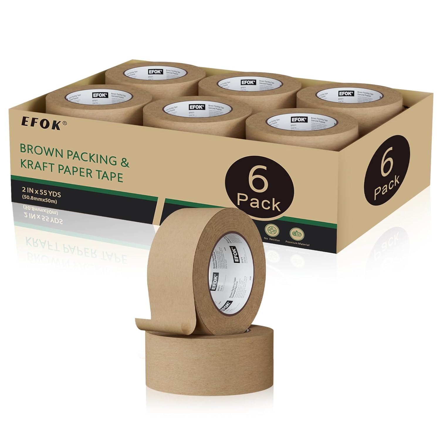 EFOK 6 Rolls Brown Packing Tape 2 Inch Bulk, 2025 Upgrade Kraft Paper Packaging Tape, 2 Inch x 55 Yards, Cardboard Shipping for Packing Boxes, Tear by Hand for Express Parcels & Office Use