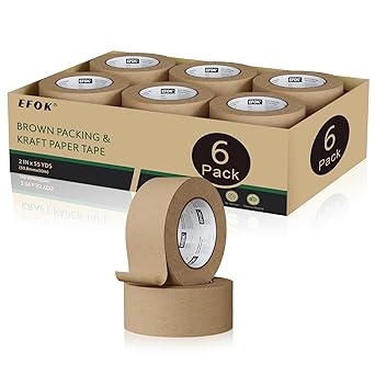 EFOK 6 Rolls Brown Packing Tape 2 Inch Bulk, 2025 Upgrade Kraft Paper Packaging Tape, 2 Inch x 55 Yards, Cardboard Shipping for Packing Boxes, Tear by Hand for Express Parcels & Office Use