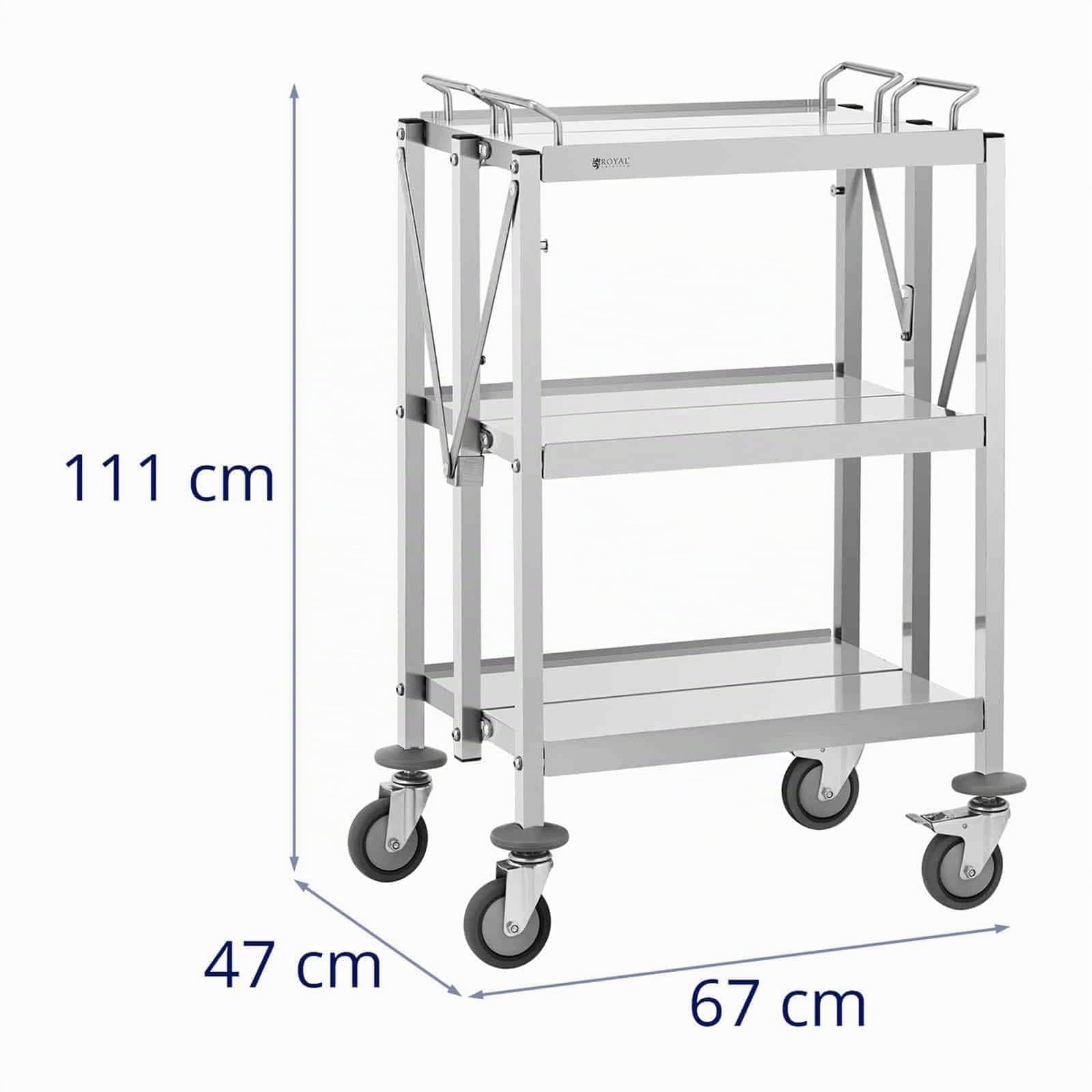 Royal Catering Chariot de Service INOX - 3 Tablettes 40 x 58 cm, Capacité 90 kg - Pliable - pour Restaurant