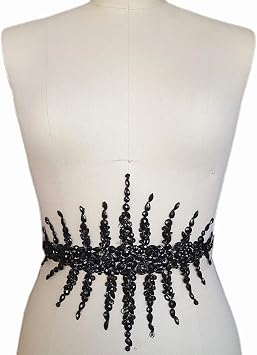 Individuality Handmade Bling Patches Sew On Fix Beaded Crystal Sequins Rhinestone Applique Trim for Wedding Dress DIY Bridal Belt 20x33cm Waist Decoration Black