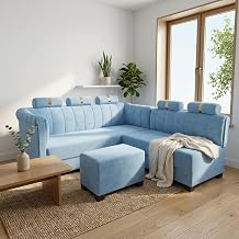 Emerald L Shape Sofa Set 3+2 Seater with Ottoman | Modern L Shaped Corner Sofa for Living Room | Premium Fabric Upholstery | Spacious Sectional Couch with Lounger Seating | Light Blue