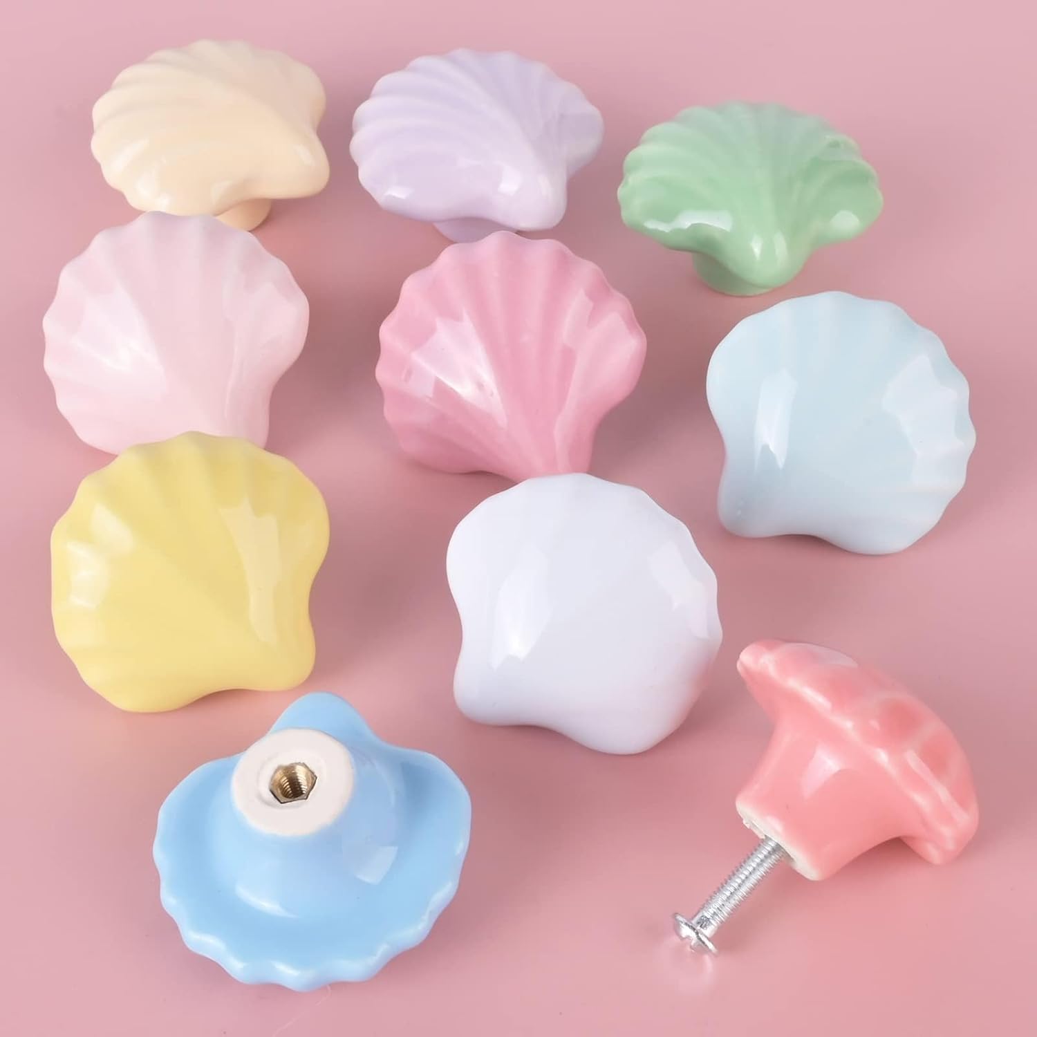 10x Colorful Cute Glossy Ceramic Knobs Seashell Shape Lovely Door Pull Knob Cabinet Closet Ceramic Drawer Cupboard Kitchen Dresser Kids Child Bedroom Pulls Wardrobe Hardware Handles