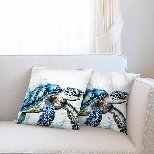 Miniatura 2 de Beabes Juego de 2 fundas de almohada cuadradas de tortuga marina azul con pintura en acuarela, para sofá, dormitorio, automóvil, sala de estar, 18 x