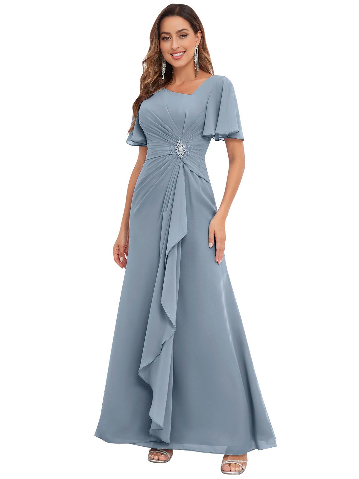 PRESEOSSA Chiffon Mother of The Bride Dresses with Sleeves V Neck Ruffles Beaded A Line Long Formal Wedding Guest Dress