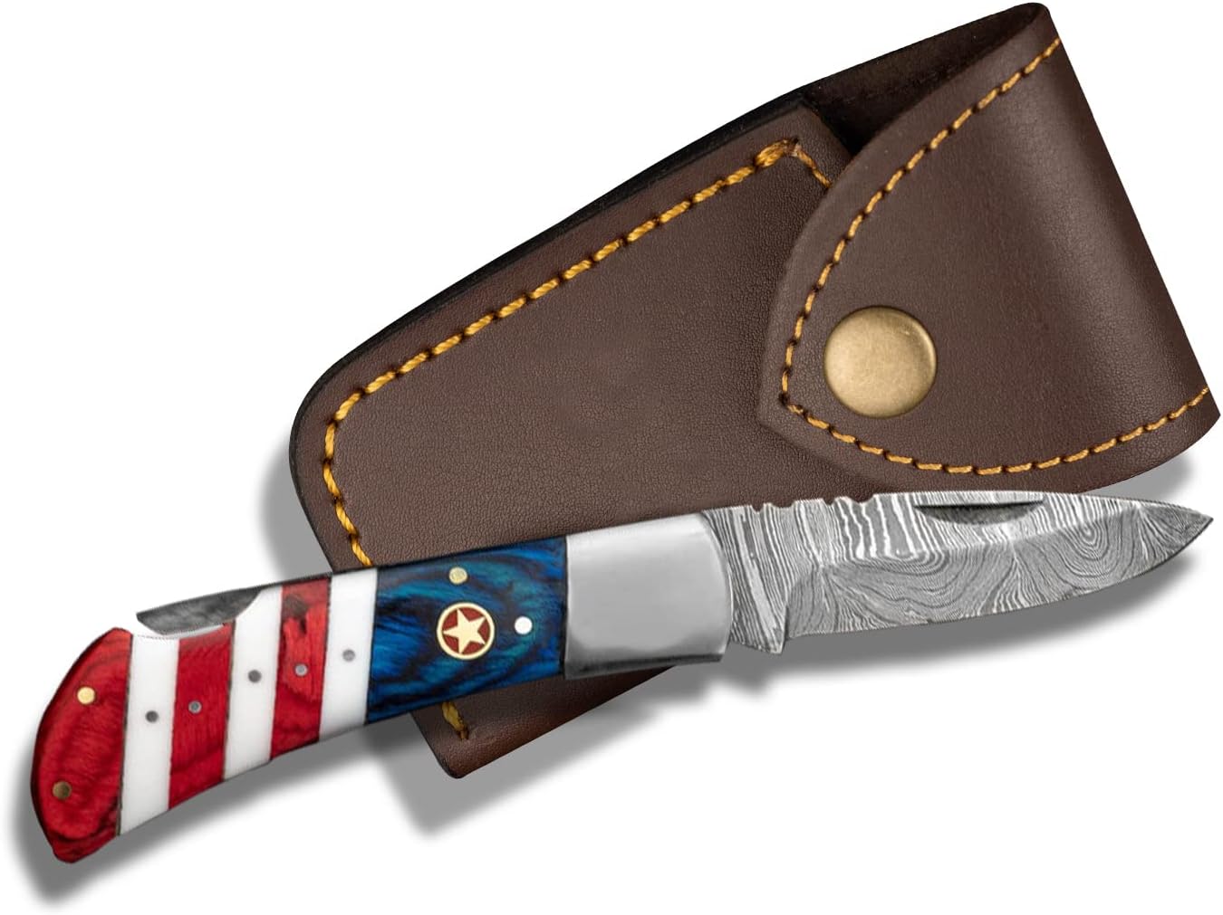 Morf Steelware American Flag Damascus Pocket Knife, USA Patriotic Damascus Folding Knife, 7.25 inches Survival Pocket Knife for Men, Handmade Camping & Hunting Knife With Sheath