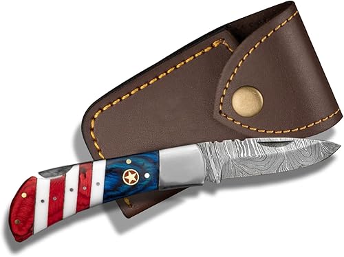 Morf Steelware - Cuchillo de bolsillo de Damasco con bandera estadounidense, cuchillo plegable patriótico de Damasco de Estados Unidos, cuchillo de