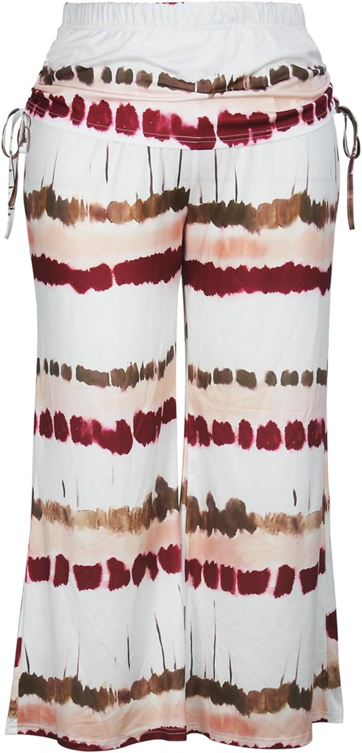 Plus Size Womens 2 Piece Outfits Dressy Elegant Sleevess V Neck Knit Top Print Wide Leg Pant Sets Travel Lounge
