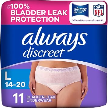 Always Discreet Adult Incontinence Underwear for Women, Postpartum Underwear, Large, Up to 100% Bladder Leak Proof, 11 Count