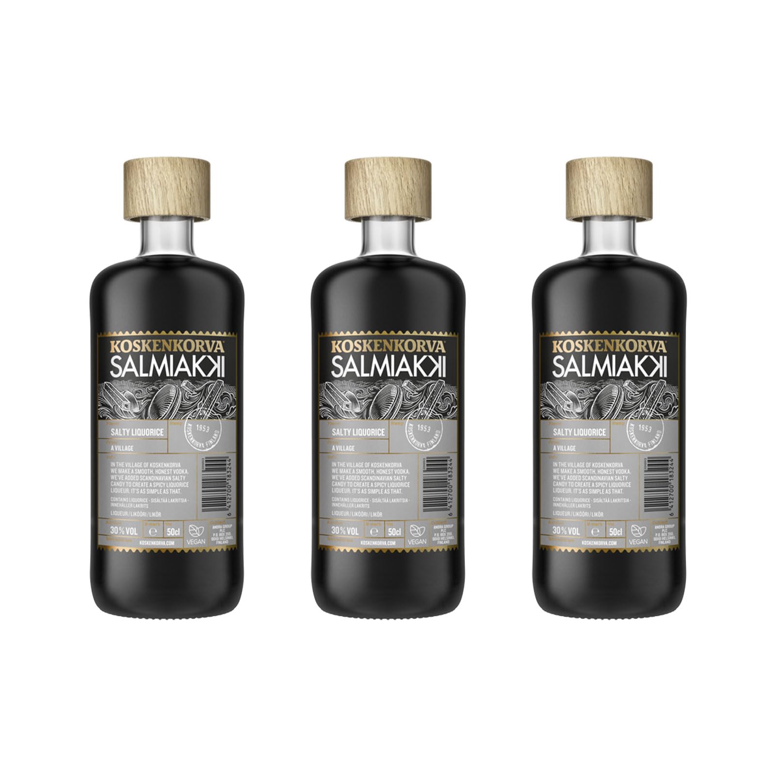 Koskenkorva Salmiakki Salziger Lakritz Likör aus Finnland 3 x 0,5L (30% Vol.) - Nachhaltig hergestellt in Finnland mit lokalen Zutaten. 3er Pack