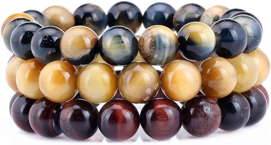 Gem Stone King Set of 3 Tiger Eye Gemstones 10MM 7 to 7.5 Inch Stretchy Adjustable Stackable Bracelet For Women