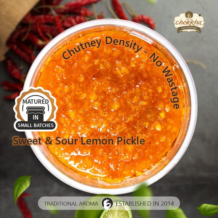 Chookha Traditional Homemeade Red Chilli & Sweet & Sour Lemon Pickle (Lal Mirch Meetha Nimbu) | No colour Added | Vegan | 100% Oil-Free | Combo of 2 | 200 Gm Each 1