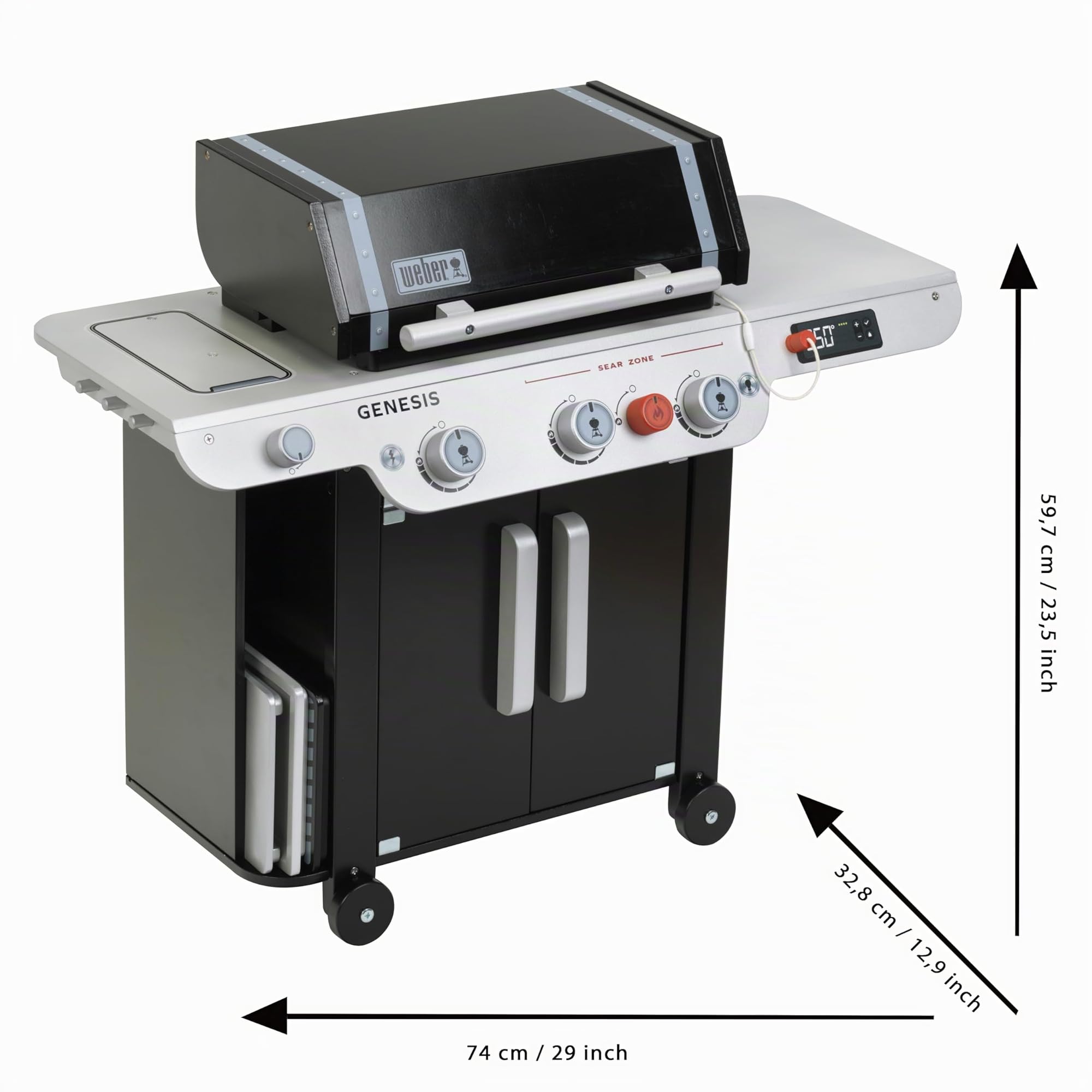Theo Klein 9445 Weber Barbecue Genesis in legno I Inclusi inserti per bistecca, pizza o verdure I Con manici, utensili e posate da barbecue I Giocattolo per bambini dai 3 anni in su