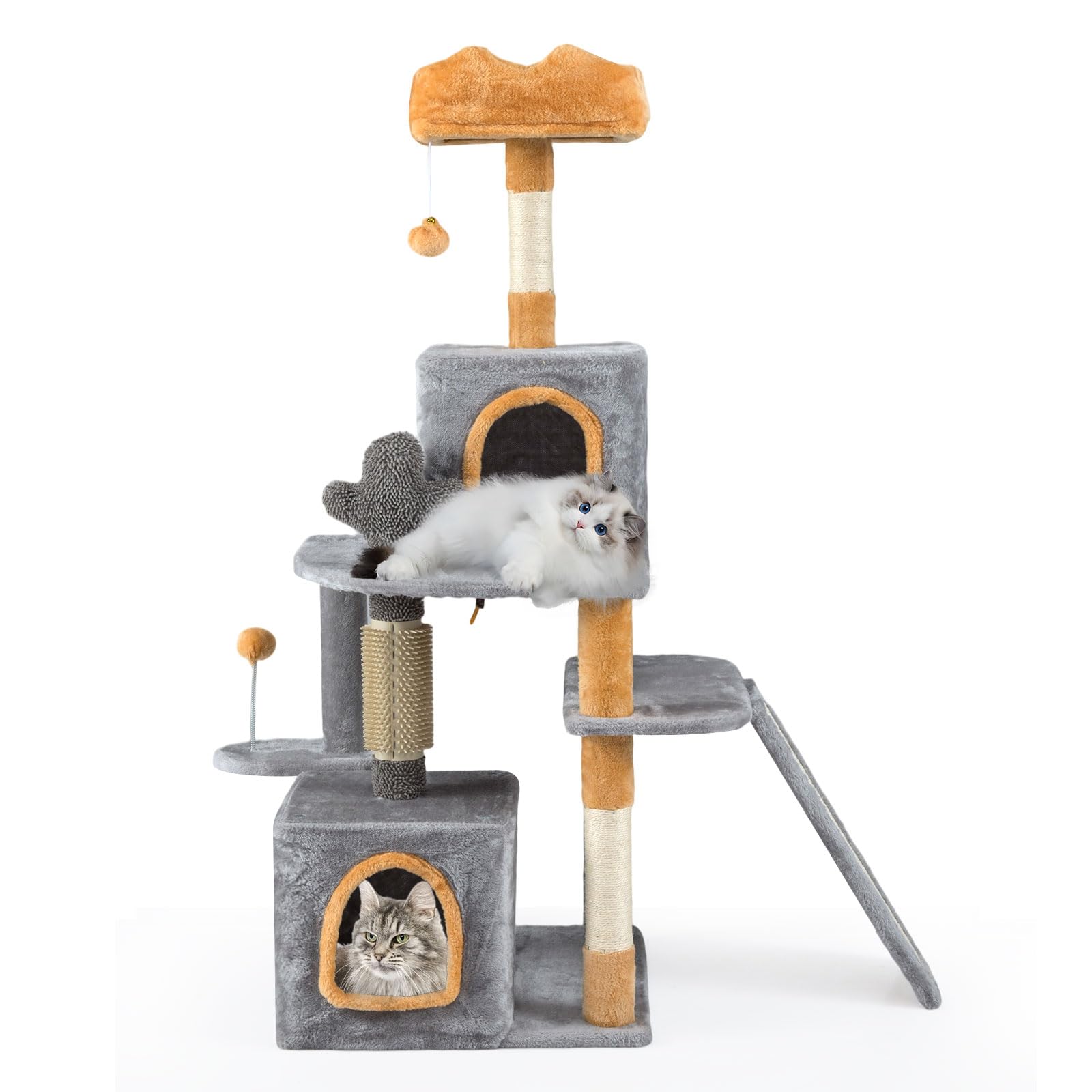 COSTWAY Cat Tree, Multi-Level Cat Climbing Tower with 2 Condos, Sisal Scratching Posts & Ladder, Self Groomer, Dangling & Spring Balls, Indoor Kitten Activity Center