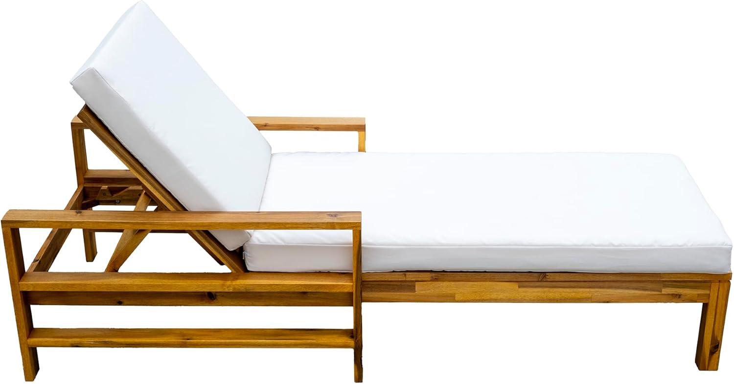 Merax Acacia Wood Adjustable Backrest Outdoor Lounge Chair,3-Position Reclining Patio Chaise Lounge,529 lbs Capacity,Weather-Resistant for Garden,Terrace,Poolside,Natural Finish,Natural+Beige
