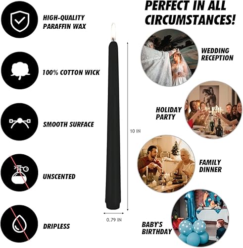 Miniatura 6 de Paquete de 20 velas cónicas negras de 10 pulgadas de alto sin perfume para cena sin goteo para boda, fiesta, hogar, 8 horas de tiempo de combustión