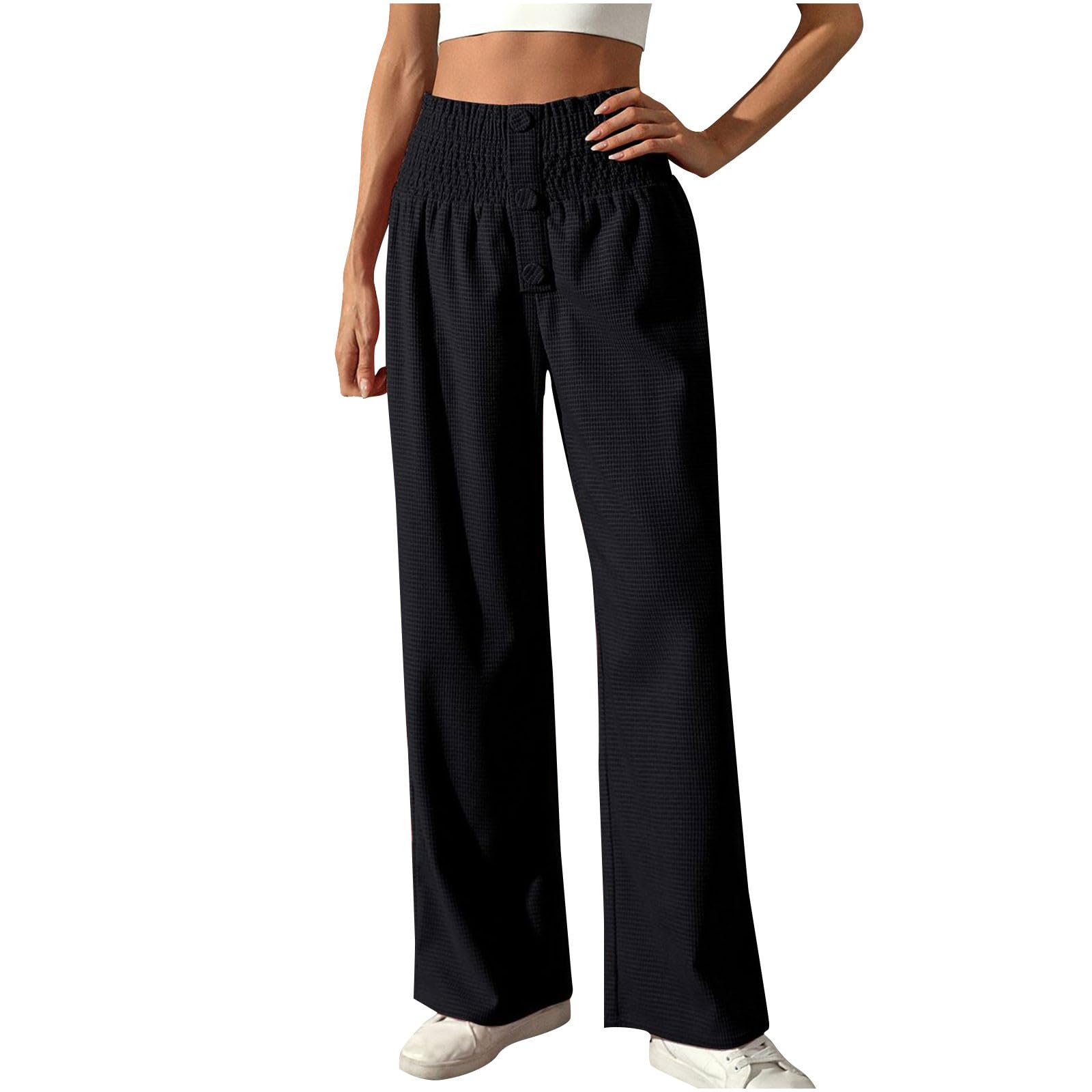 Women's Fall Winter Plaid Casual Long Pants Straight Leg Elastic High Waist Pants Solid Color Comfy Baggy Trousers