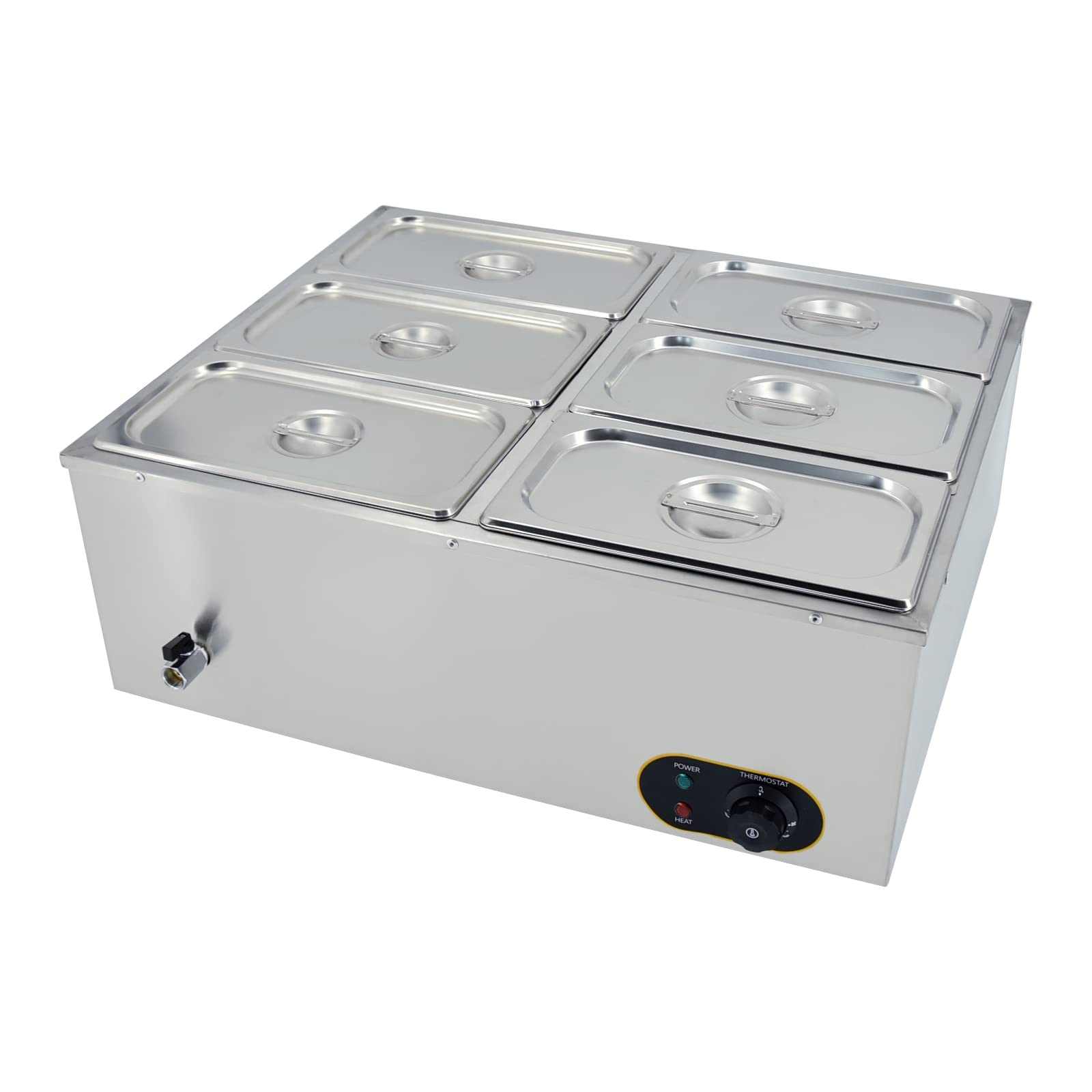 Scaldavivande elettrico commerciale, 1500 W, in acciaio inox, controllo della temperatura, include coperchi e rubinetto di scarico, 4 contenitori GN 1/2