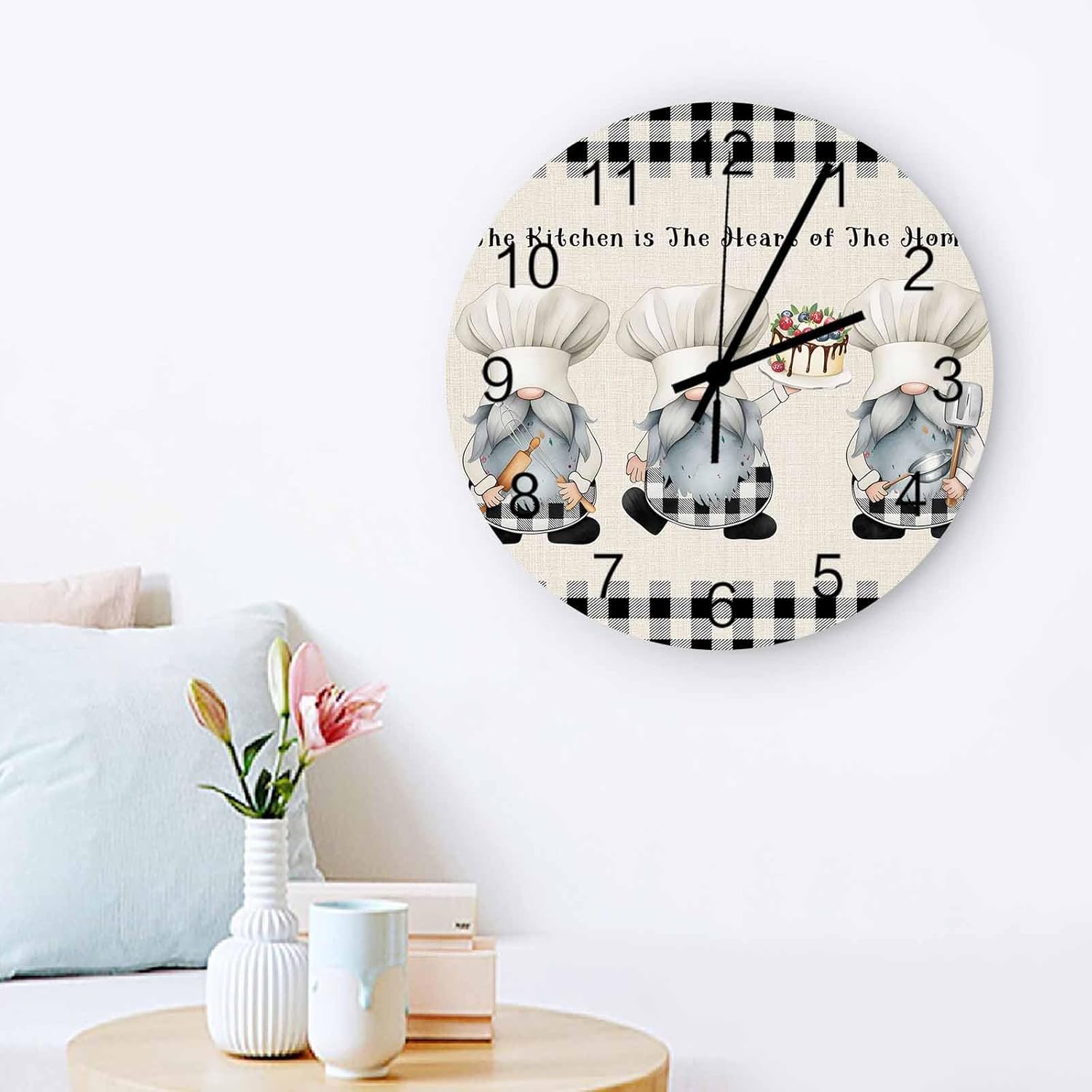 Wooden Wall Clock Chef Gnome Cake Black and Gray Buffalo Plaid Art Hanging Clocks, 12 inch Silent Wall Clock Battery Operated Non- Ticking Accurate Quartz Clock for Kitchen, Living Room, School