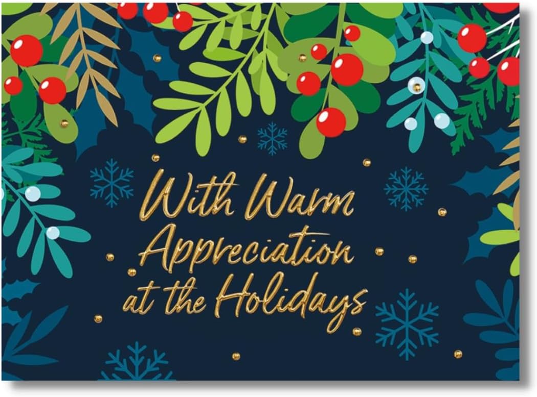25 Employee Holiday Cards - Garland Appreciation Design with Gold Foil Embossing - 26 White Envelopes - FSC Mix