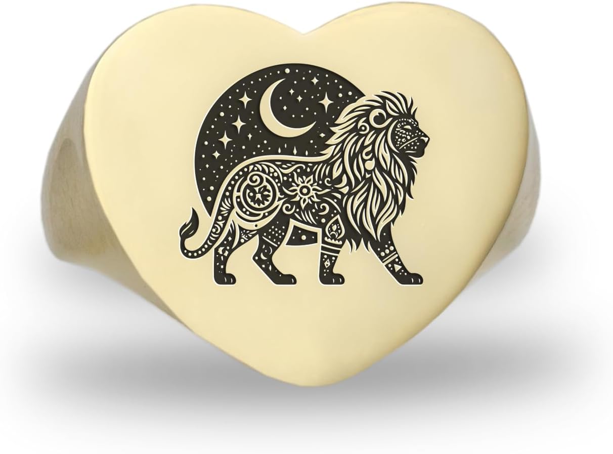 Gold Lion Embossed Ring - Personalized Bold Statement Ring - Heart Shaped Jewelry Gift For Her